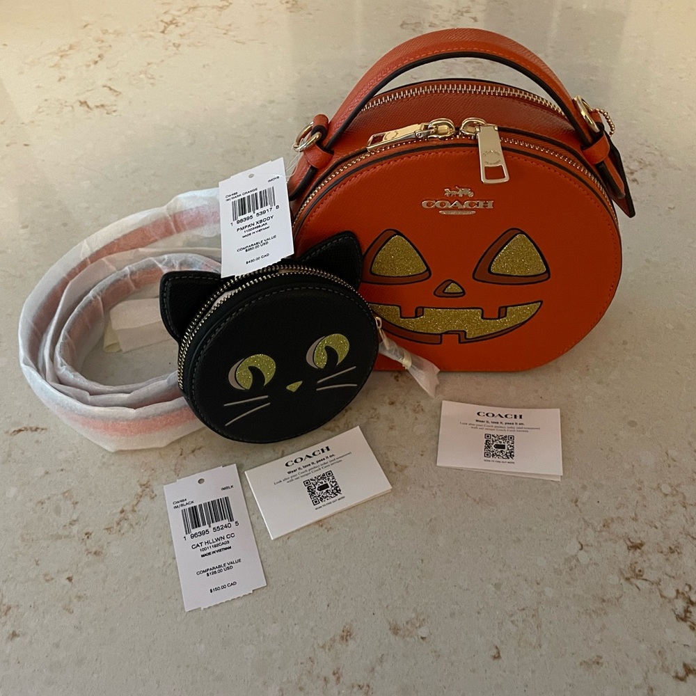 NWT Coach Leather Pumpkin Canteen Crossbody Bag & Cat Coin Purse - Picture 2 of 5
